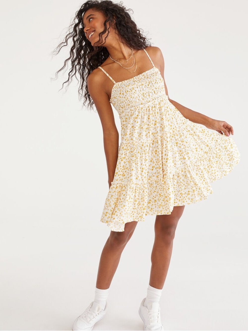 Smocked White & Yellow Floral Mini Sundress Small Summer Airy Vacation